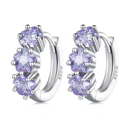 925 Sterling Silver Purple Zircon Stacked Star Ear Buckles Lavender Flower Hoop Earrings for Women Elegant Jewelry Gift SCE1533