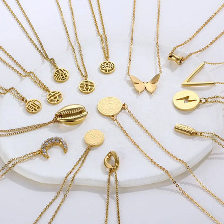 Tarnish Free Butterfly Necklace 18k Gold Plated Chinese Lucky Amulet Charm Stainless Steel Planet Moon Necklace