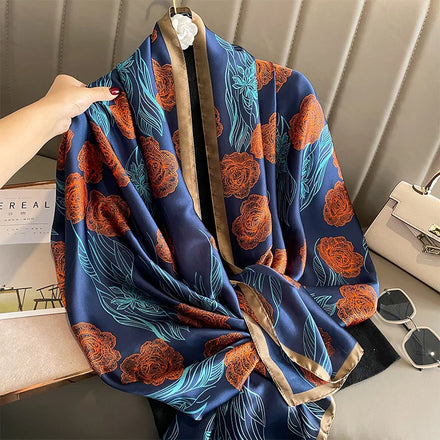 Wholesale New 2025 Navy Flower Printed Polyester Custom Printing Scarves Long 180*85cm for Women Head Wraps Shawls Foulard