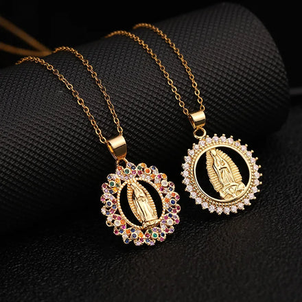 Hip Hop Religious Ornament Colorful Crystal Zircon Necklace Virgin Mary Necklace Women