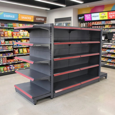 Low MOQ Steel Supermarket Display Rack Double-Sided Heavy Duty Freestanding Epoxy Powder Coated Grocery Store Shelves Universal