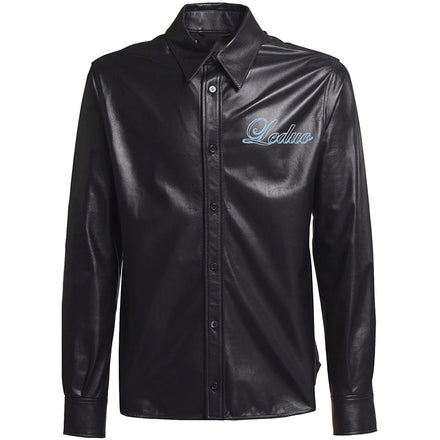 Wholesale Customized Logo Men's Mandarin Collar Anti-Wrinkle Anti-Shrink Button Casual Full Sleeve Synthetic Leather Shirt Black