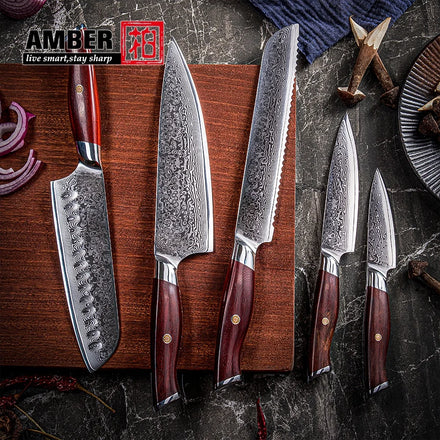 Premium Kitchen Chef Santoku Bread Utility Fruit Carving VG10 67 Layer Damascus Steel Knife Set of Rose Wood Handle