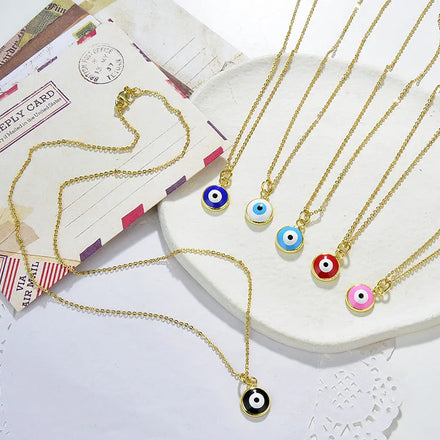 NM1270 Dainty Rainbow Jewelry Gold Plated Enamel Multicolor Evil Eyes Round Disc Charm Pendant Chain Statement Necklace