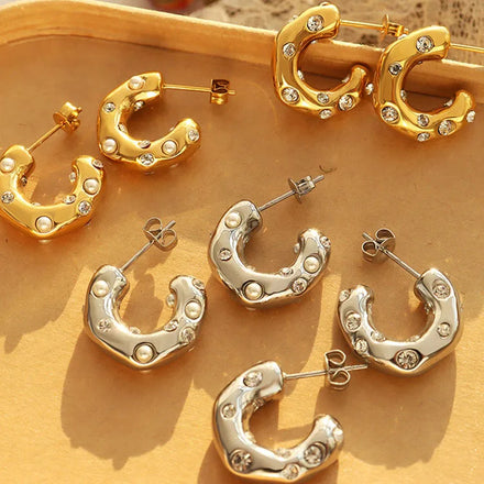 ES1135 Fashion Women Jewelry Thick Chunky Stainless Steel Gold Irregular Crystal CZ Paved C Shaped Semi-Hoop Hoops Earrings