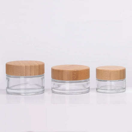 Clear Cosmetic Glass Jar 15 ml 30 ml 50 ml 150 ml 200 ml Body Scrub Jars Transparent Glass Jar with Bamboo Lid and Spoon