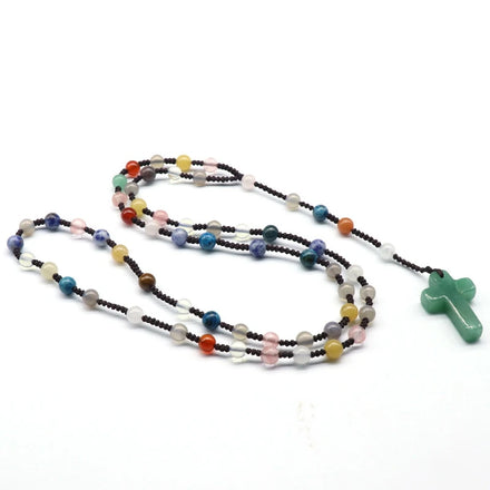 Christian Knot Mala Beads Meditation Yoga Natural Stone Beaded Crystal Gemstone Cross Pendant Mala Rosary Necklace Men Women