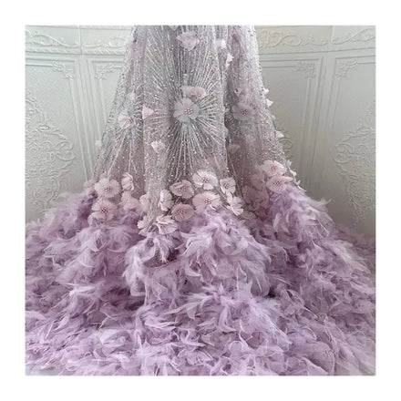 Feather Bottom Wedding Dress 3d Flowra Enice Tail Paillettes Lac Embroidery Sequin Bead Lace Tulle Pearl Transparent Net Fabric