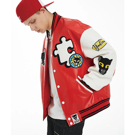 Premium Men's Full Leather Elastic Cuff Bomber Jackets Custom Chenille Embroidery Patches Cartoon Windproof Waterproof Varsity