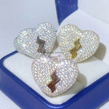 Solid Silver Pass Diamond Tester Hip Hop Iced Out Men Broken Heart Vvs Moissanite Ring