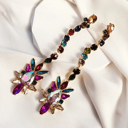 2025 New Arrival Creative Exaggeration Super Long Geometric Color Diamond Earrings Women Fashion Stone Bridal Earrings Wholesale