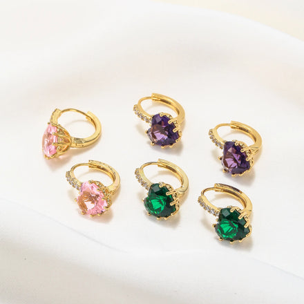 Korean Fashion Love Colored Zircon Hoop Huggie Earring Cuff Women Luxury Jewelry 18k Gold Plating Diamond Heart Shaped Earrings