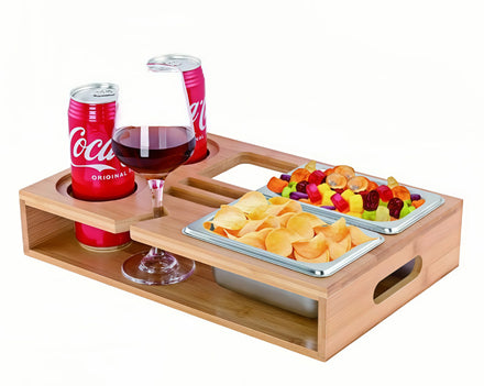 Convenient Bamboo Wood Couch Snack Caddy Tray with Cup Holder and Storage Rectangular Shrink Wrap Packaging for Food