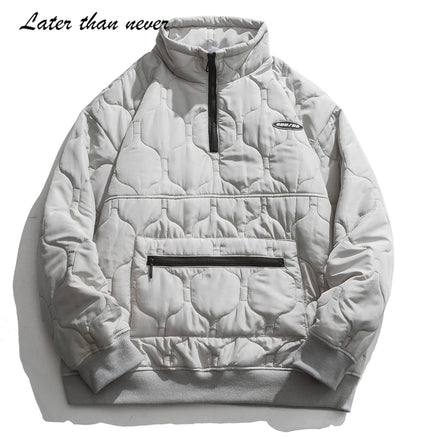 Factory Winter Quilted Anorak Jacket with Half Zipper Solid Puffer Design 100% Polyester Woven Fabric Letter Print Plain Dyed
