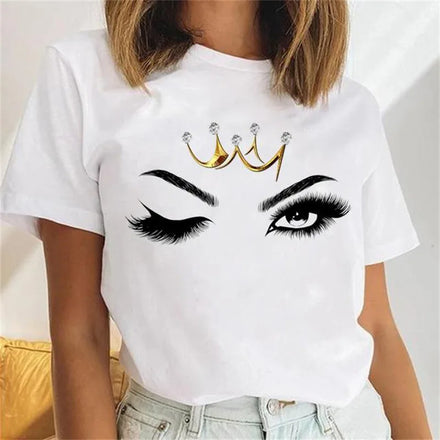 Wholesale Womens Clothing Printed Funny T-shirt Cartoon Eyelash Lady Short Sleeve Graphic Cheap Plus Size Cheap T Shirts Tops