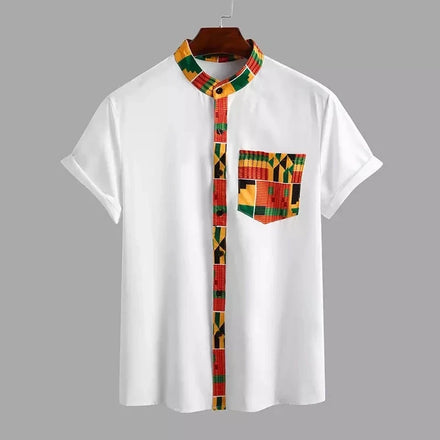 M-3XL African Kente T Shirt Short Sleeves Men's Tee Dashiki Print Button up Tops Fashion Ankara Patchwork Pocket Shirt Men