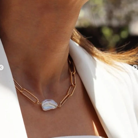 Fenny Popular Irregular Freshwater Pearl Pendant Paper Pin Chain Necklace Non Tarnish Stainless Steel Jewelry Wholesale