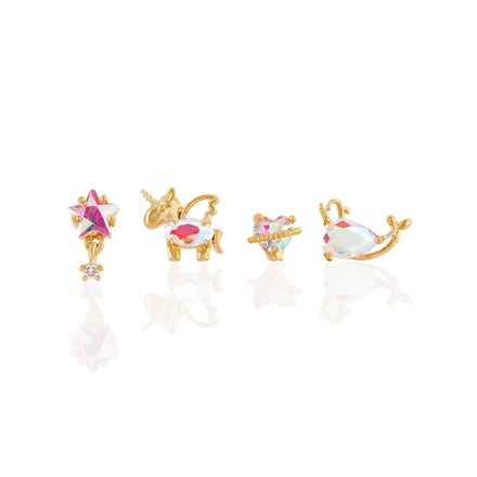 Women Stylish Jewelry Cartoon Zircon Earrings 4pcs Sets Unicorn Love Heart Whale Shaped Brass 18k Gold Ear Studs for Sweet Girls