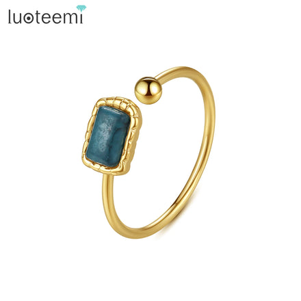 SP-LAM Open Turquoise Stainless Steel Resizable Fashion Classic Lady Women Gold Ring for Woman
