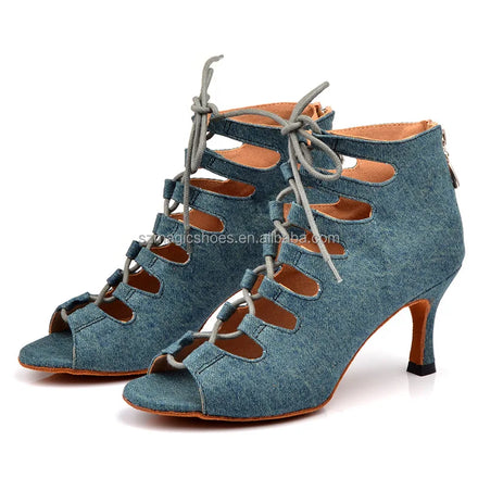 Wedopus Boots Dance Shoes Women Blue Denim Boots for Dancing 7.5CM
