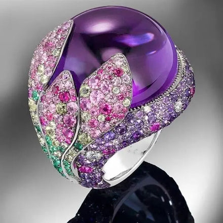 CAOSHI Vintage Exaggerated Lady Full Stone Ring 925 Silver Color Purple Bead Rhinestone Diamond Inlaid Ring Women