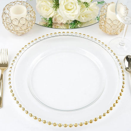 Wholesale Gold Rim Beaded Glass Charger Plates for Home Wedding Events Tabletop Tableware Decor Elegant Dinner Dishes Plates