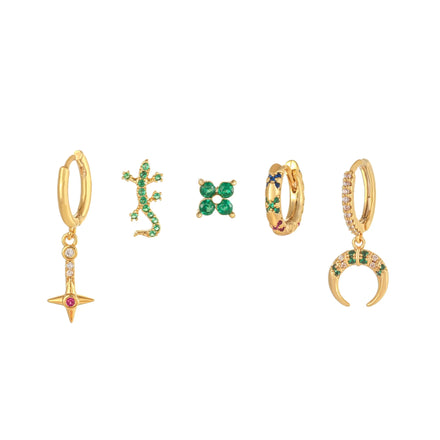 5 Pcs Fashion Green Zircon Metal Hoop Huggie Earring Gecko Owl Dinosaur Animal Jewelry 18k Gold Brass Drop Earring Set for Women
