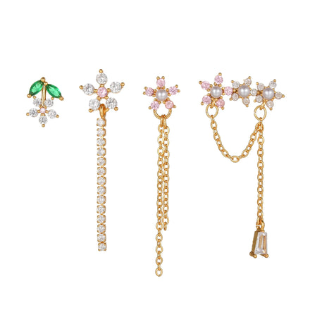4pcs New Multiple Diamond Flower Shaped Chain Stud Earrings18kGold Plated Women Trendy Luxury Jewelry Zircon Pearl Earrings Sets