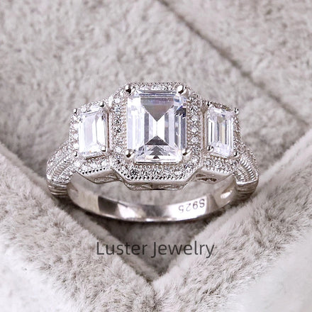 Luster Jewellery Trilogy Design Cz Ring 925 Sterling Silverzircon Rings Women Emerald Cut Diamond Rings