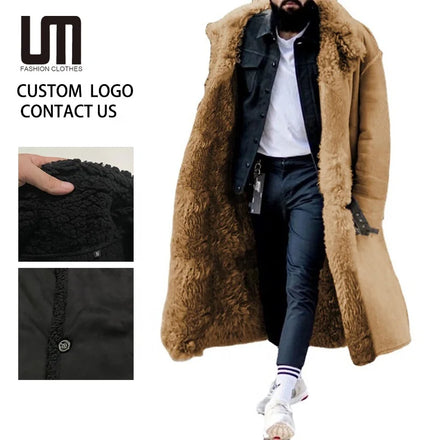 OEM Service Wholesale Fashion Winter Men Warm Thick Fur Fleece Overcoat Long Jacket Plus Size Trench Coat