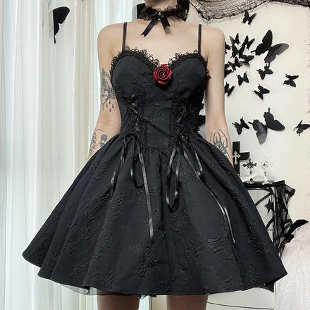 Tie Mall Gothic Elegant Women Mini A-Line Solid Dress Grunge Aesthetic Emo Breathable Eco-Friendly High Street Black Party Alt