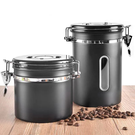 Black Modern Stainless Steel Airtight Tea Coffee Sugar Bean Storage Canisters for Presents (1L-1.8L)