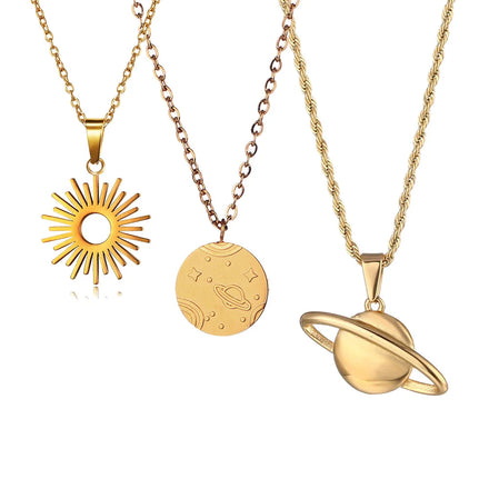 Factory Wholesale Planet Saturn Star Necklace Tiny Lighting Bolt Pendant Sun Choker Beautiful Planet Necklace for Girls and Boys