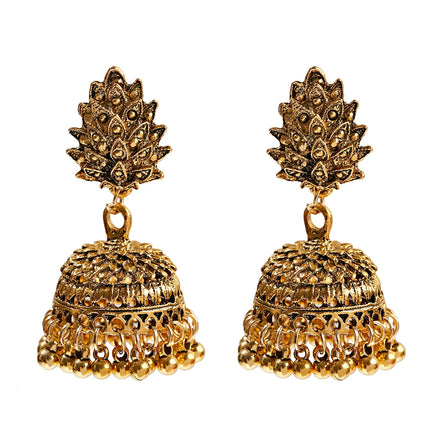 Indian Big Gold Bells Drop Earrings for Women Carved Flower Design Vintage Alloy High Quality Party Jewelry Gift