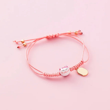 Handmade Colorful Rope Lucky Cat Bracelet for Women Girls Birthday Gifts Charm Tassel Fashion Maneki Neko Couple Bangles