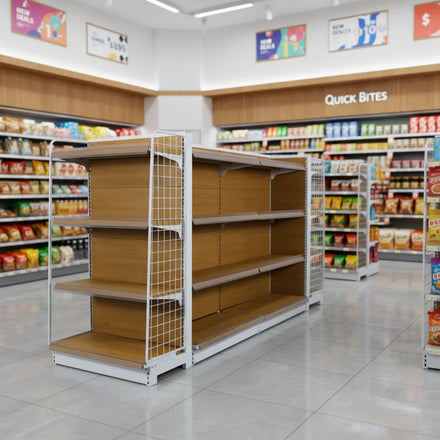 Heavy Duty Single-Sided Metallic Display Rack Solid Shelves Epoxy Powder Coating Supermarkets Retail Stores Freestanding PFT