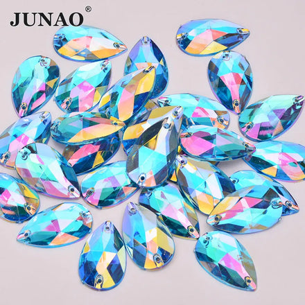 JUNAO 17*28mm Sew on Stones Loose Rhinestone Appliques Drop Crystal AB Rhinestones for Garments