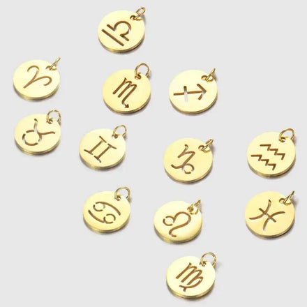 Horoscope Jewelry Customized 14K Gold Plated Stainless Steel Pendant Disc Charms Hollow 12 Zodiac Sign Charms for DIY Necklace
