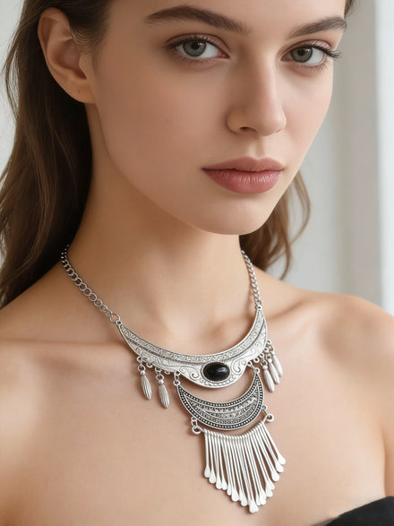 Bohemian Silver Necklace Inlay Irregular Moon Geometry Necklace Acrylic Gem Tassel Necklace Women Jewelry