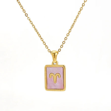 Zodiac Necklace Gold Plated Stainless Steel Charms Pink Shell Women 12 Horoscope Sign 18k Gold Plated Necklace