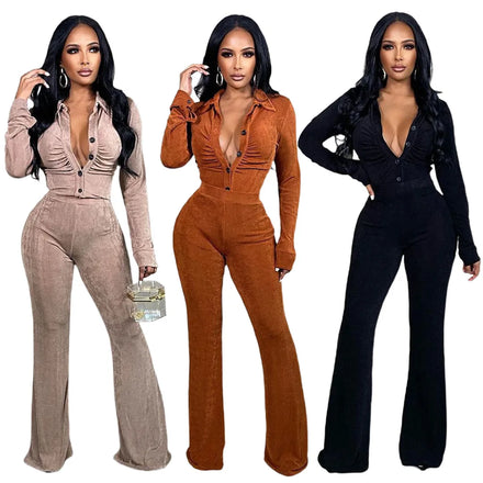 Hot Sell Solid Color Long Sleeve Wide Leg Pants Velour Tracksuits 2 Piece Flare Bottom Trousers Women's Suits Two Piece Sets