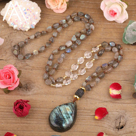 Bohemian Flash Labradorite Mala Necklace for Men Chip Beads with Healing Reiki Chakra Pendant for Wedding and Party Jewelry
