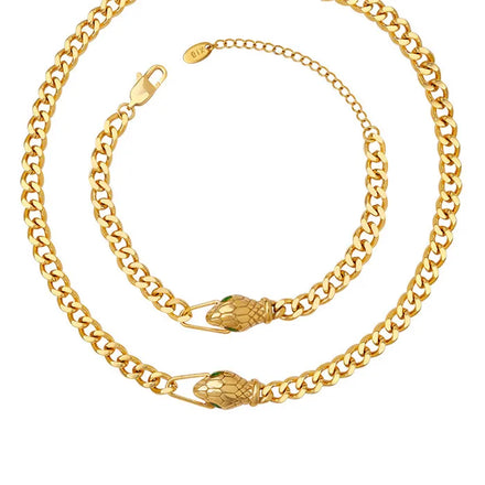 Waterproof 18K Gold Plated Stainless Steel Snake Head Pendant Bracelet Necklace