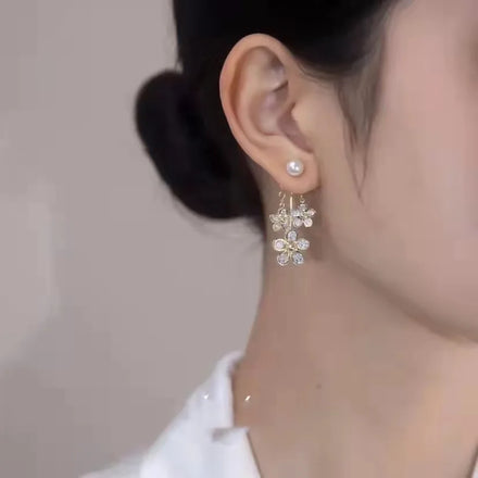 Light Luxury Two Wearing Ways Earrings Long Tassel Earrings Pearl Zircon Flower Earrings for Women