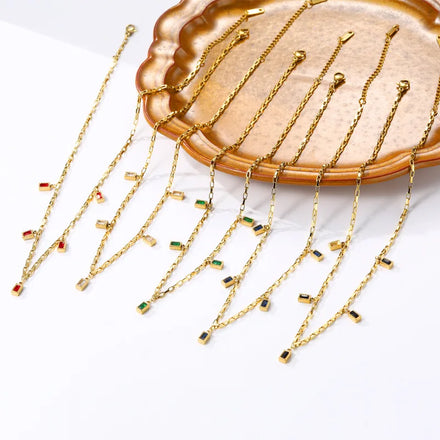 New Trending Chain Jewelry 18K Real Gold Vacuum Plating Rectangular Zircon Stainless Steel Necklace