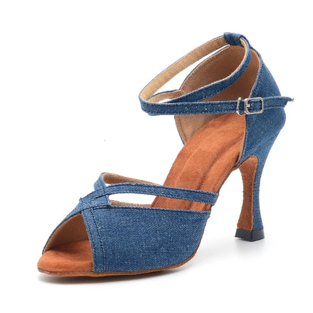 Wedopus OEM Latin Dance Shoes Woman Denim Fabric Blue Women Dancing Sandals Suede Sole Dropshipping