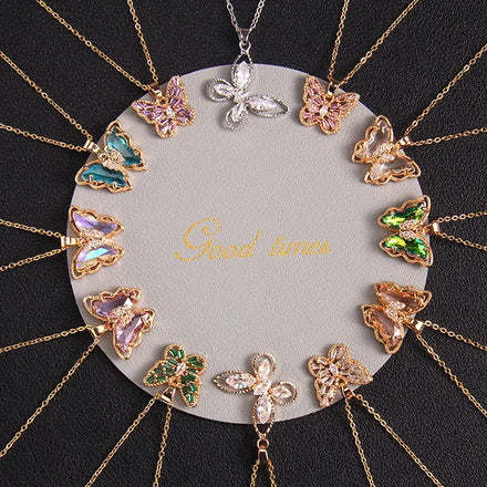 G1758 Hot Sale Fashion Jewelry Titanium Steel Chain Lady Glass Zircon Butterfly Pendant Necklace