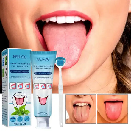 EELHOE Quick Effect 100% Natural Oral Care Tongue Cleaner Mouth Odor Removal Silicone Brush Scraper with Tongue Cleaning Gel