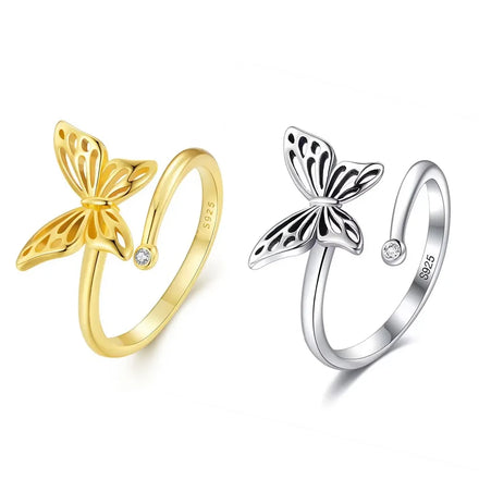 Hot Sale Fashion Butterfly Ring 925 Sterling Silver Cubic Zirconia 18k Gold Plated Adjustable Women Ring Jewelry Wholesale