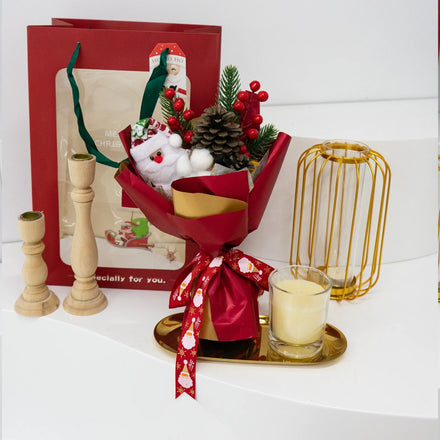 UKIQUEEN Christmas Gift Red Artificial Christmas Bouquet with Snowman Plush Pine Cone Christmas Holly